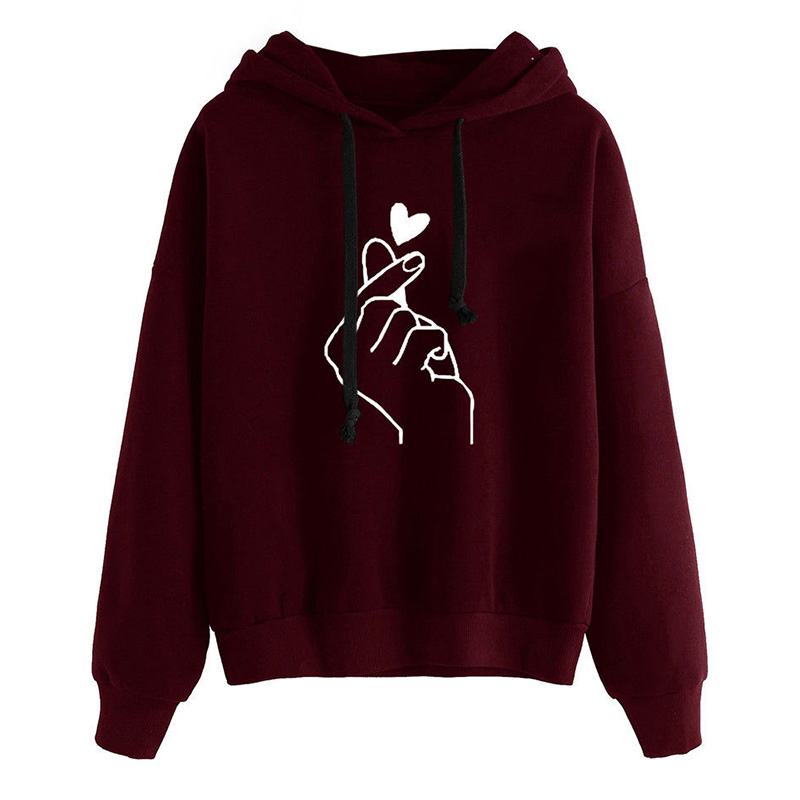 Fashion Women Hoodie Sweatshirts Heart Finger Pattern Long Sleeve Casual Loose Pullover Hooded Tops