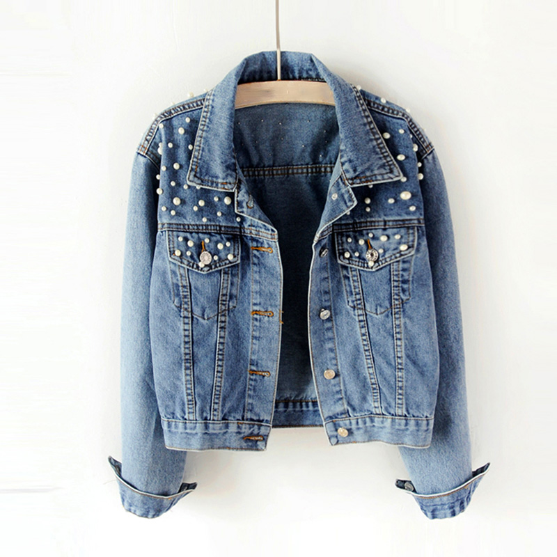 New Fashion Women Denim Jackets Beads Button Long Sleeve Slim Streetwear Jeans Coat Sprint Outfit Blue