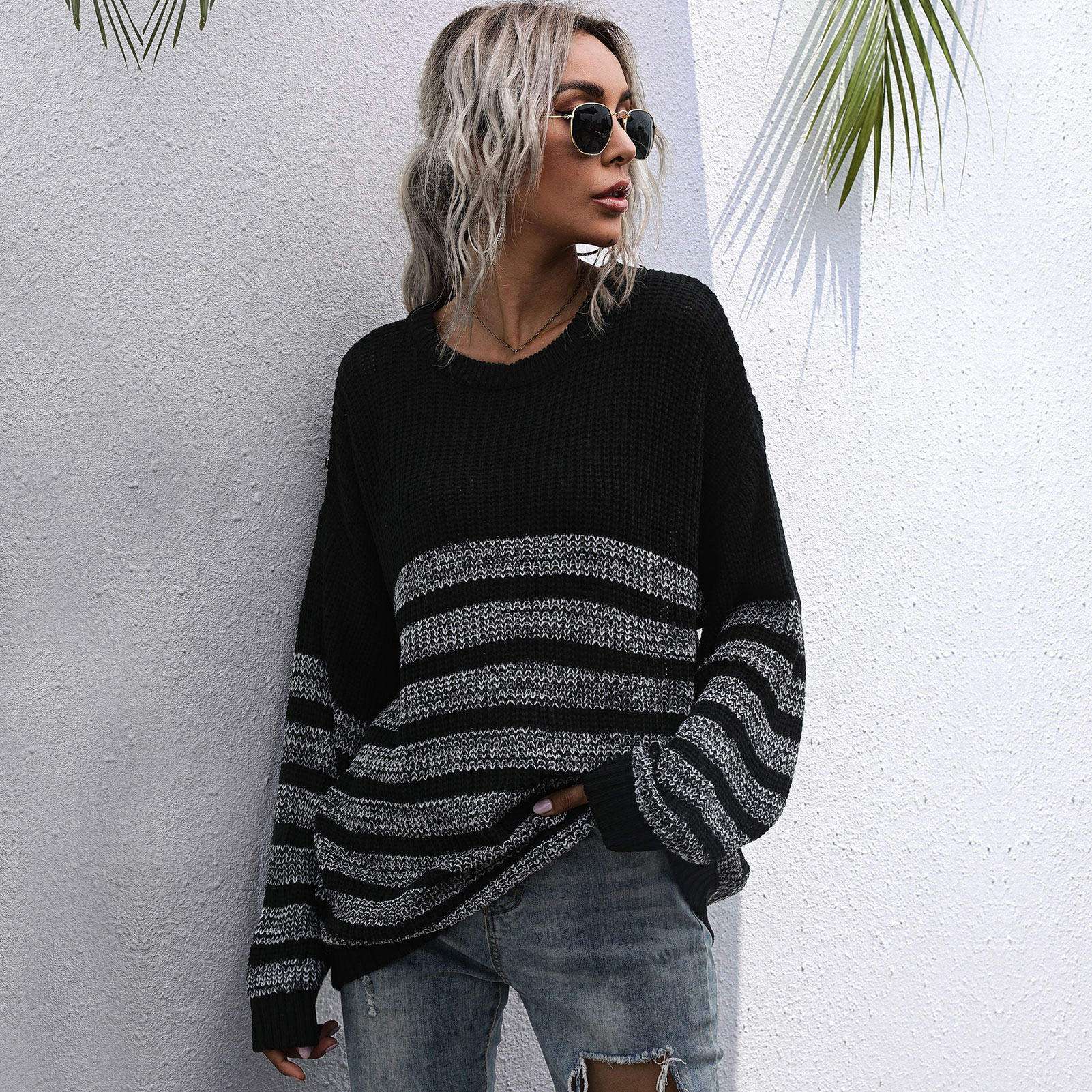 Women Loose Knitted Sweater Stripped Splicing Long Sleeve Mid-Length Pullover Tunics Casual Sweatshirt