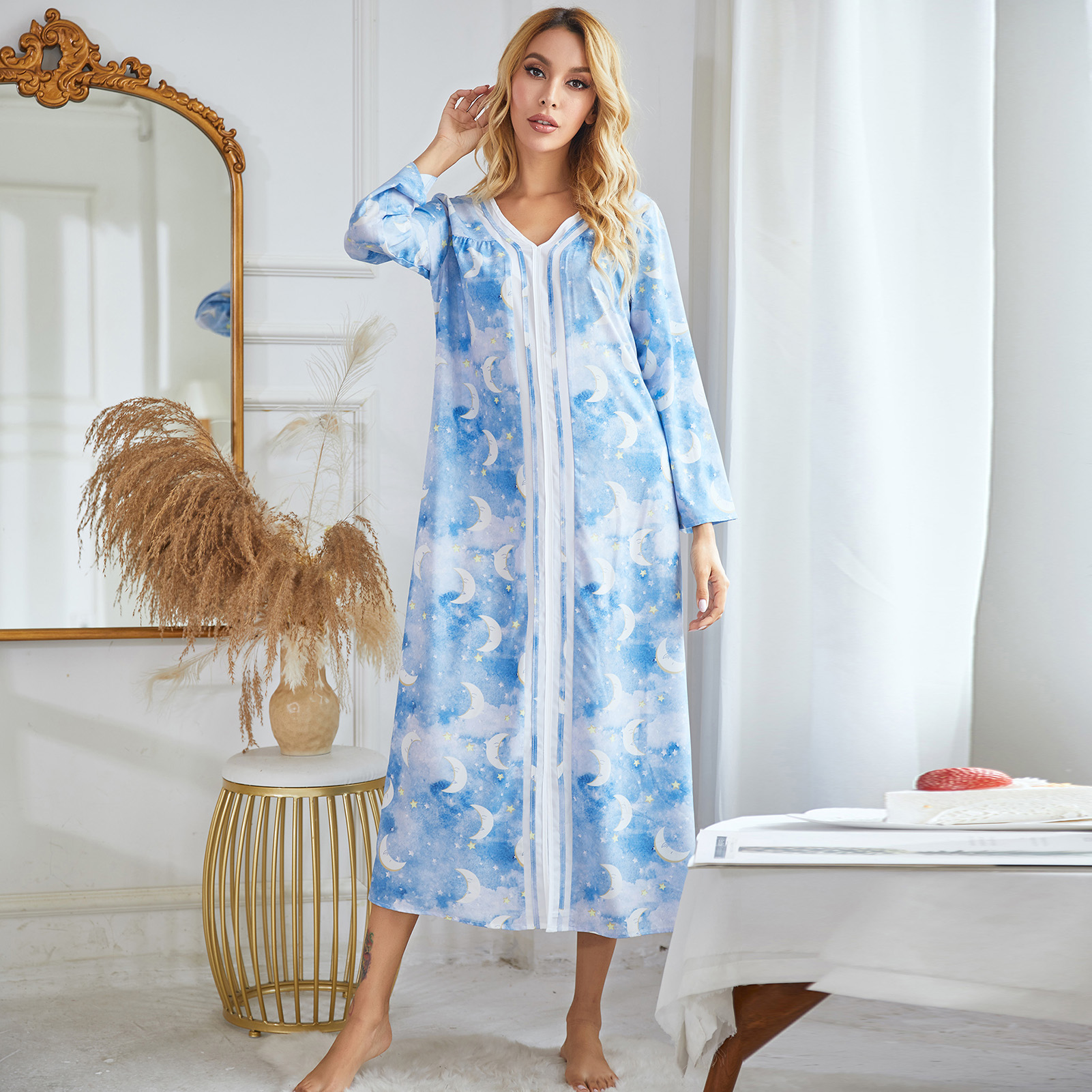 Women Nightgown Floral Moon Star Print V Neck Long Sleeve Pullover Sleep Dress Casual Loose Loungewear Long Sleepwear