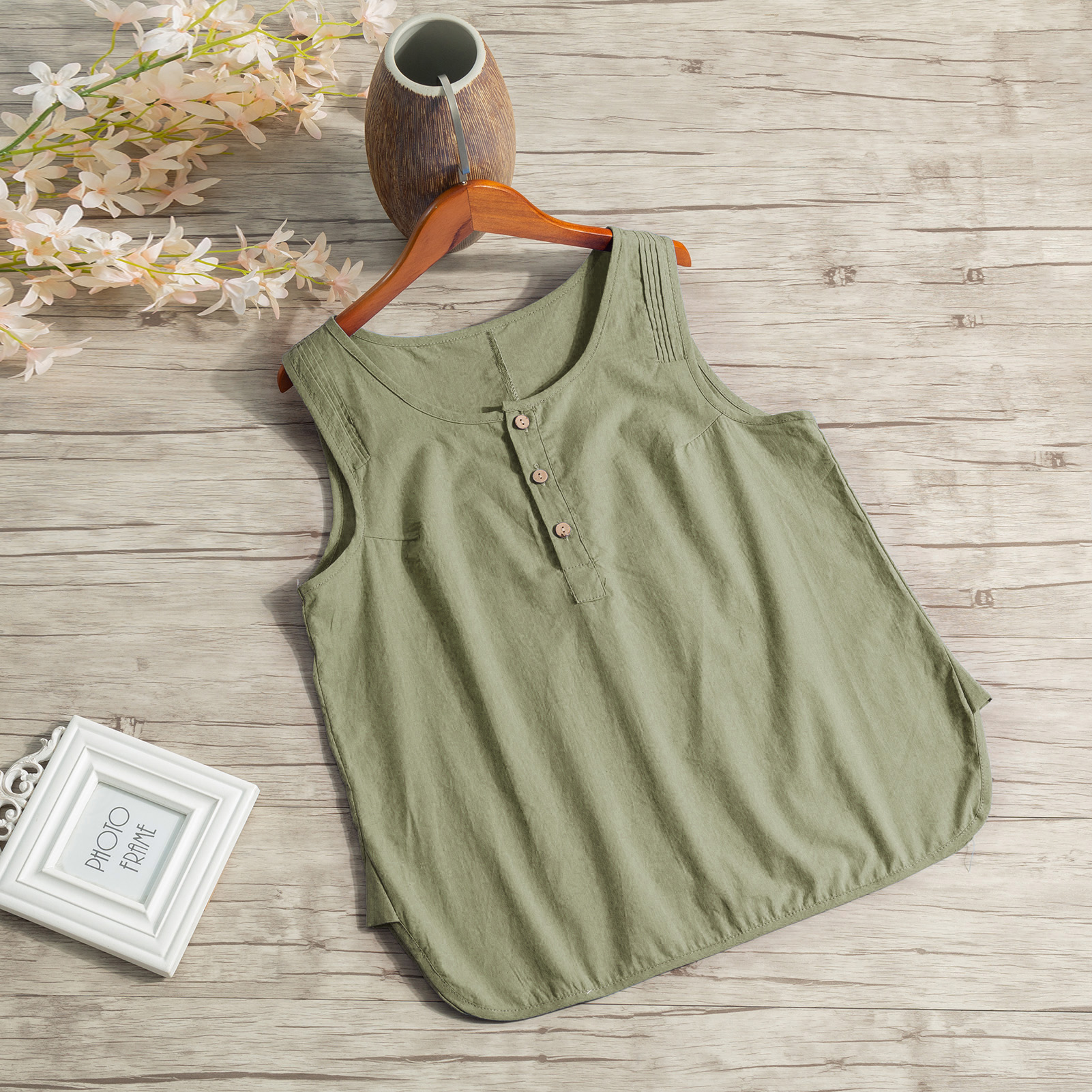 Women Cotton Linen Vest Buttons Placket Split Hem O-neck Sleeveless Blouse Solid Loose Casual Tank Tops