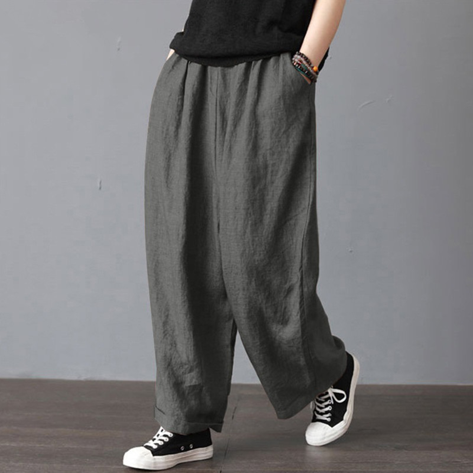 Women Cotton Linen Wide Leg Pants Elastic Waist Pockets Comfy Solid Loose Casual Trousers