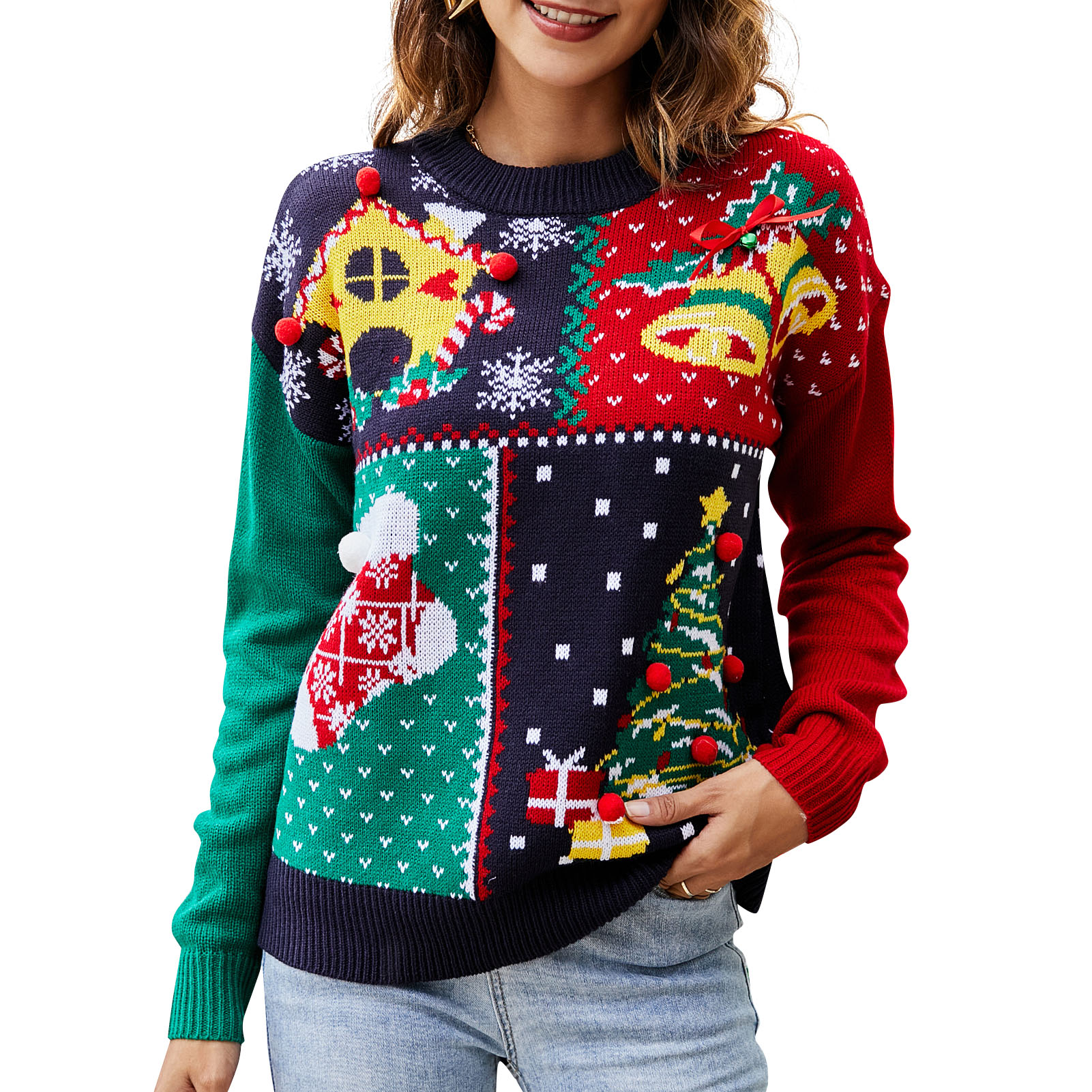 Women Knitting Pullovers Christmas Sweater Contrast Color Xmas Tops