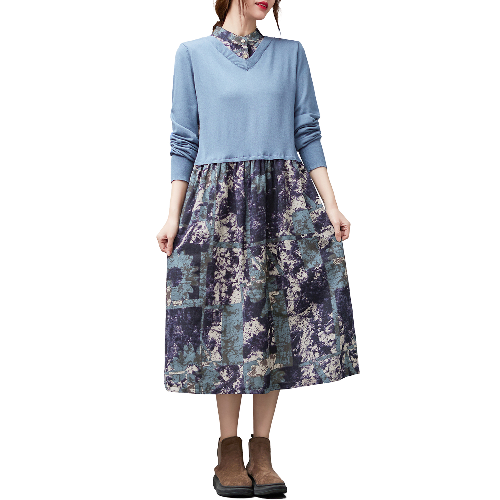 Women Long Sleeve Dress Loose Splicing Vintage Print Side Pockets Casual Dress