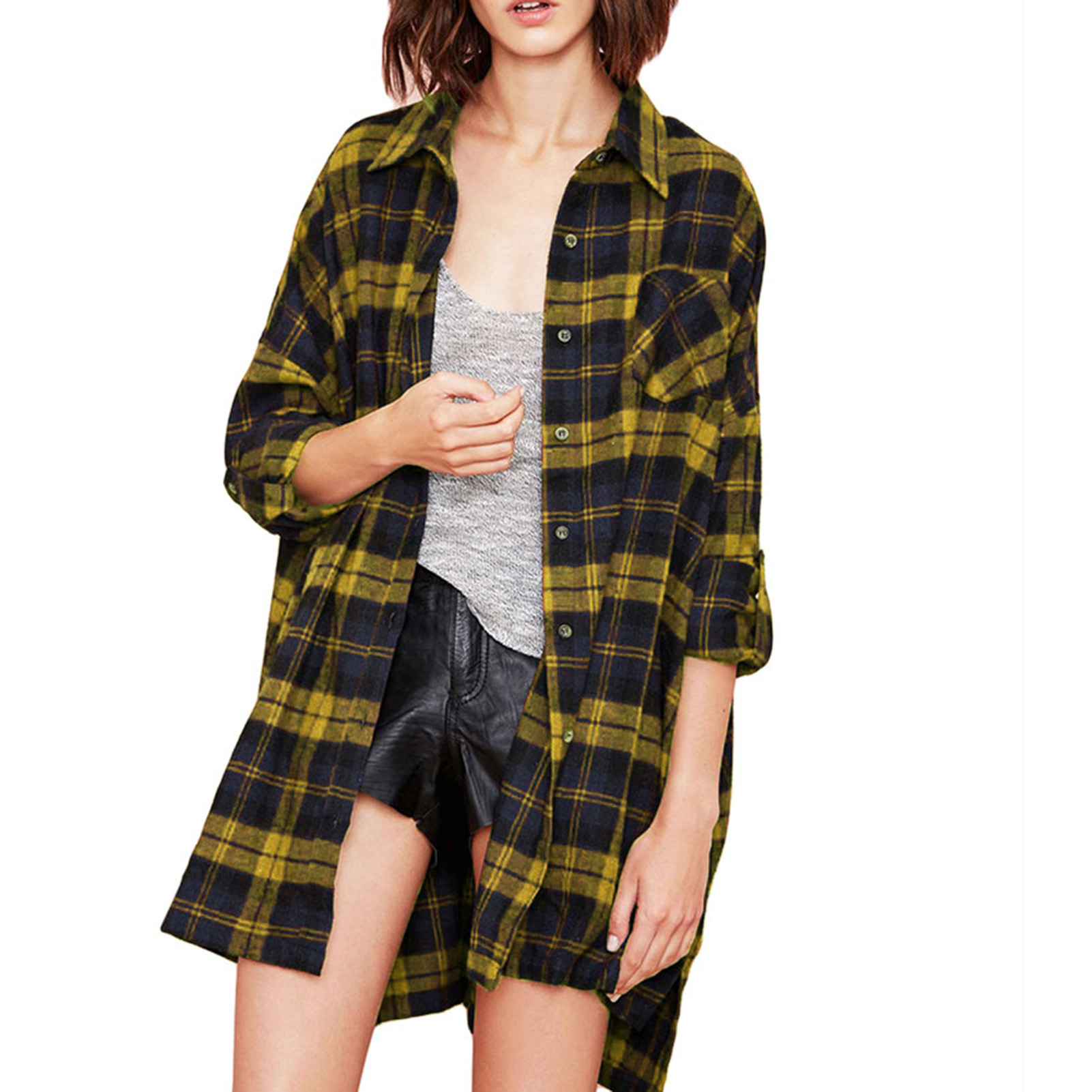 New Autumn Women Oversized Plaid Tartan Shirt Buttons Pocket Turn-down Collar Long Sleeve Baggy Check Blouse Tee Shirt