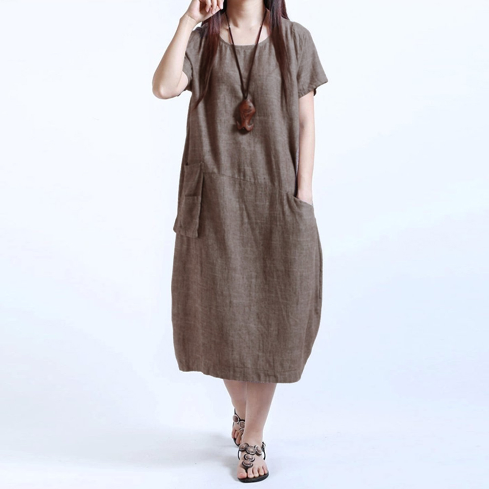 Fashion Women Casual Loose Dress Solid Color Short Sleeve Pocket Summer Vintage Midi Long Dress Plus Size