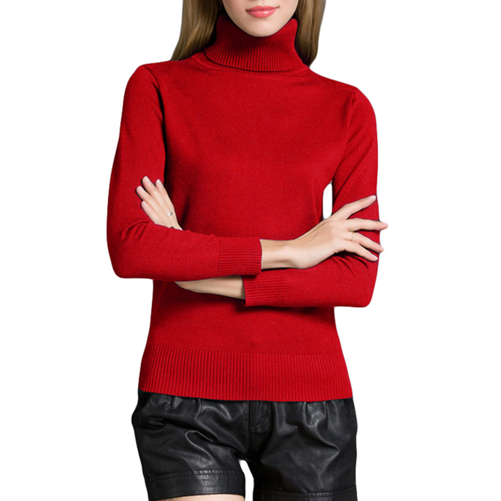 Fashion Winter Women Sweater Knitwear Turtle Neck Long Sleeves Ribbed Knitted Pullover Tops