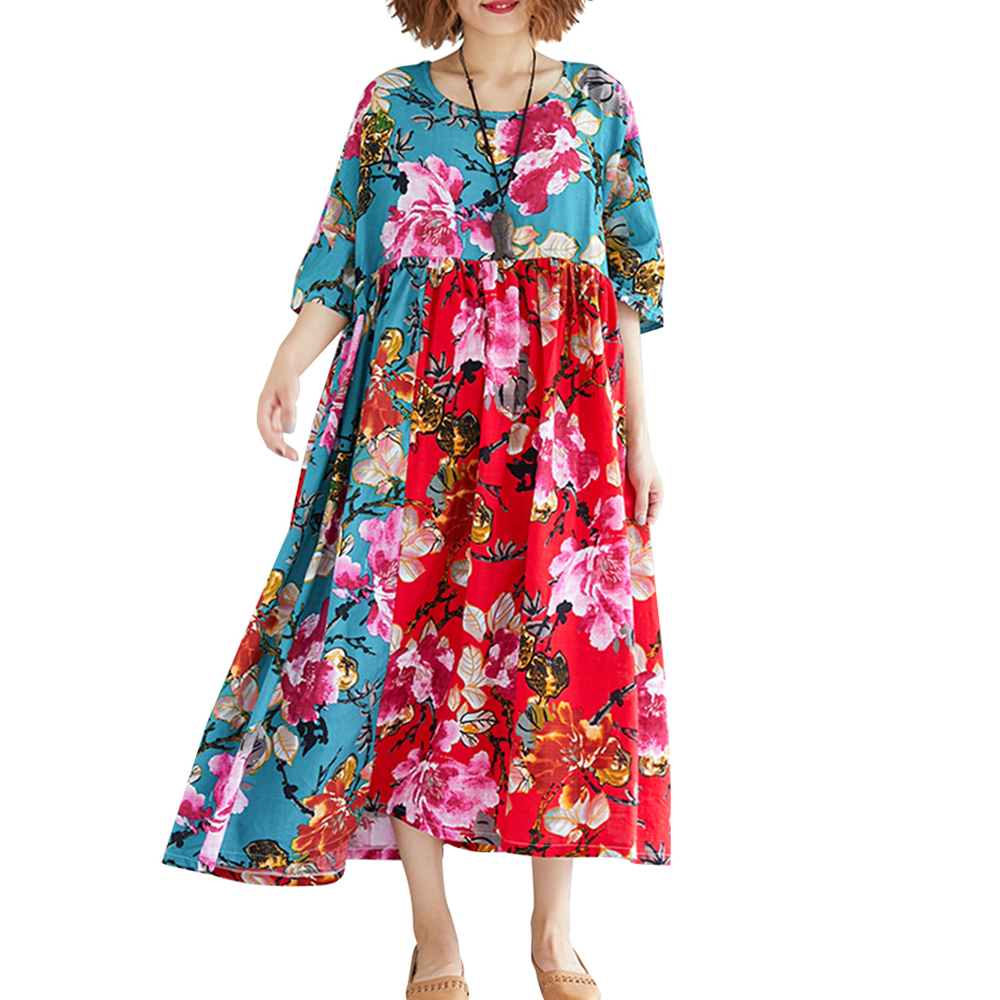 Vintage Plus Size Women Loose Dress Floral Print O Neck Raglan Short Sleeve Baggy Large Size Oversized Maxi Dress