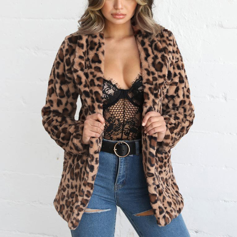 Women Jacket Faux Fur Shaggy Leopard Print Shawl Neckline Long Sleeve Elegant Warim Outerwear