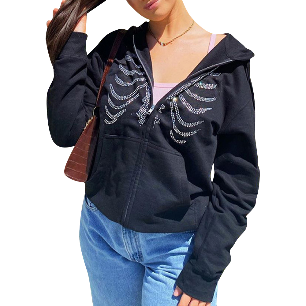 Fashion Women Solid Color Hoodie Rhinestone Skeleton Hooded Long Sleeve Zipper Pocket Casual Streetwear Sweatshirt