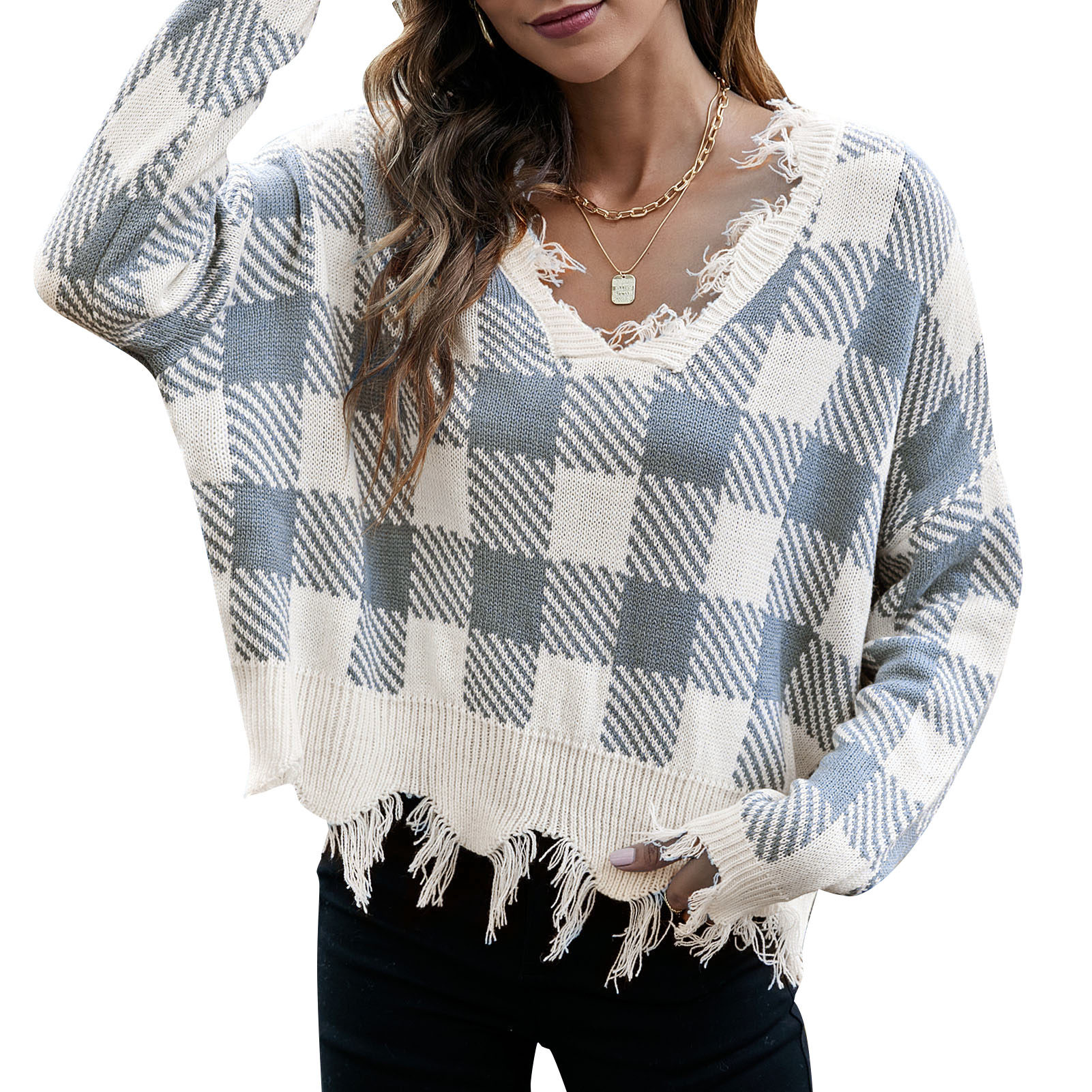 Women Ripped Sweater Plaid V Neck Loose Long Sleeve Knitted Pullover Jumper Tops