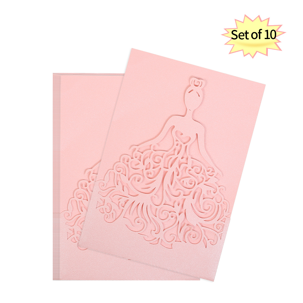 10pcs/set Wedding Invitation Cards Pearl Paper Hollow Bride Pattern Invitation Cards for Wedding Anniversary Engagement--Pink