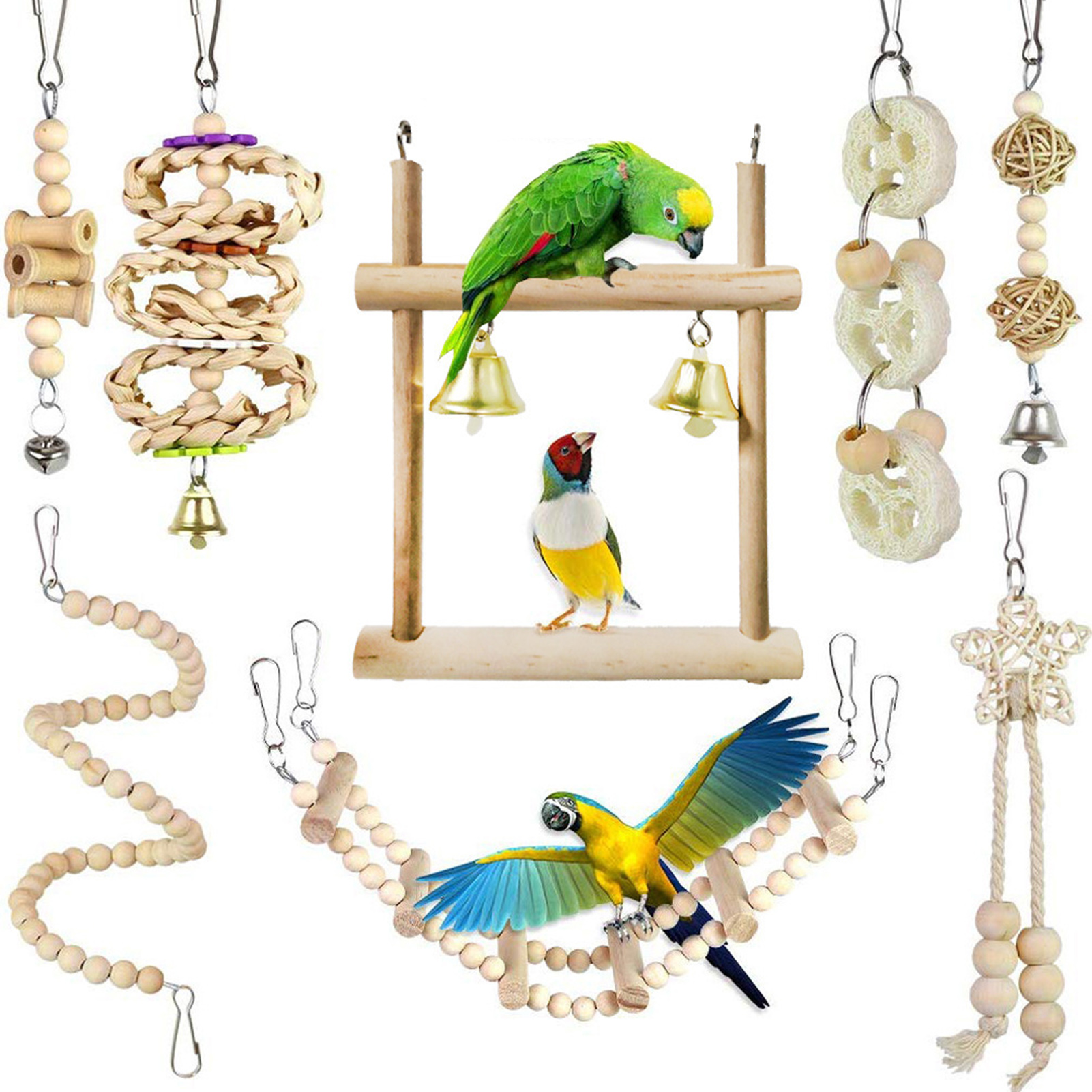 8 Pieces Parrot Chewing Toys Bird Toys Wooden Swing Soft Ladder Ladder Wooden Beads Rotating Stairs for Cockatiel, Conure, Mynah, Macow and Other Small Birds