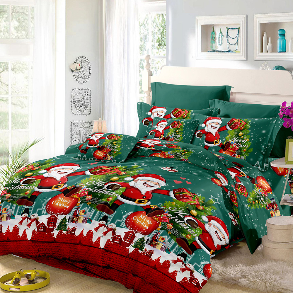 Christmas Santa Bedding Set Polyester 3D Printed Duvet Cover + 2pcs Pillowcases + Bed Sheet Set Christmas Bedroom Decorations--Full Size