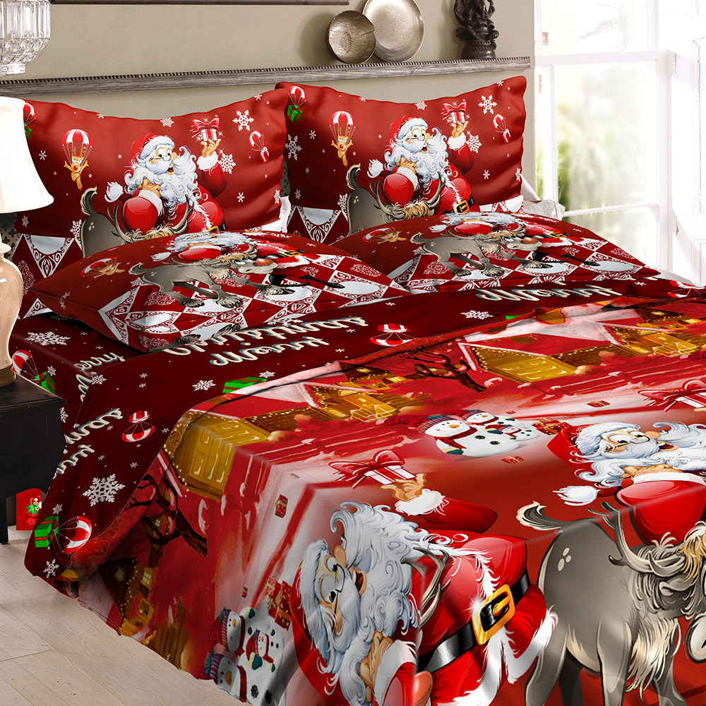 Christmas Santa Bedding Set Polyester 3D Printed Duvet Cover + 2pcs Pillowcases + Bed Sheet Set Christmas Bedroom Decorations--Full Size