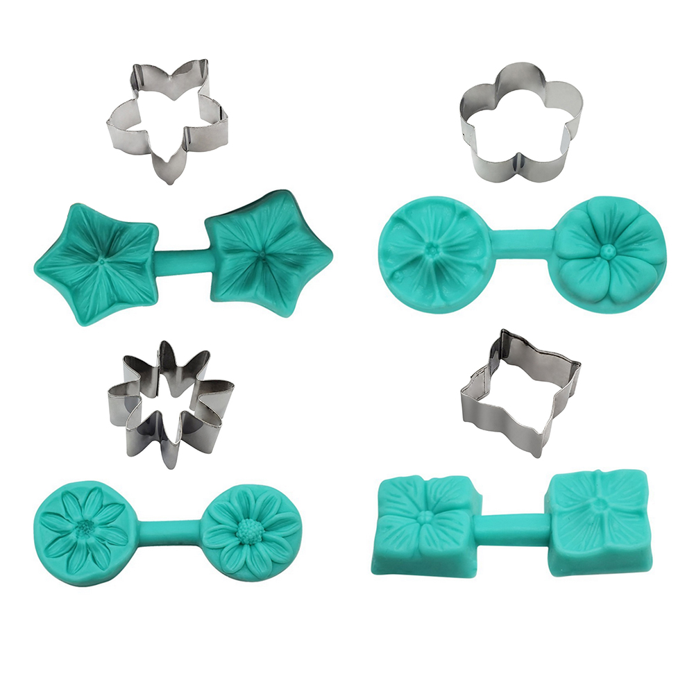 4 Style Flower Petal Veiner Silicone Molds with 4Pcs Stainless Steel Cutter Mould Set DIY Handmade Fondant Cake Decoration Tool