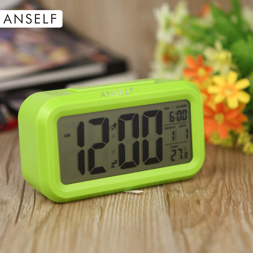 Anself LED Digital Alarm Clock Repeating Snooze Light-activated Sensor Backlight Time Date Temperature Display Green