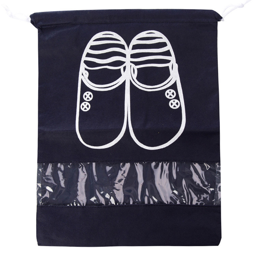 Household Travel Dust-proof Shoe Organizer Bags with Drawstring Transparent Window Waterproof Non-Woven Travel Shoes Storage Bag Case Organizer (Navy Blue S)