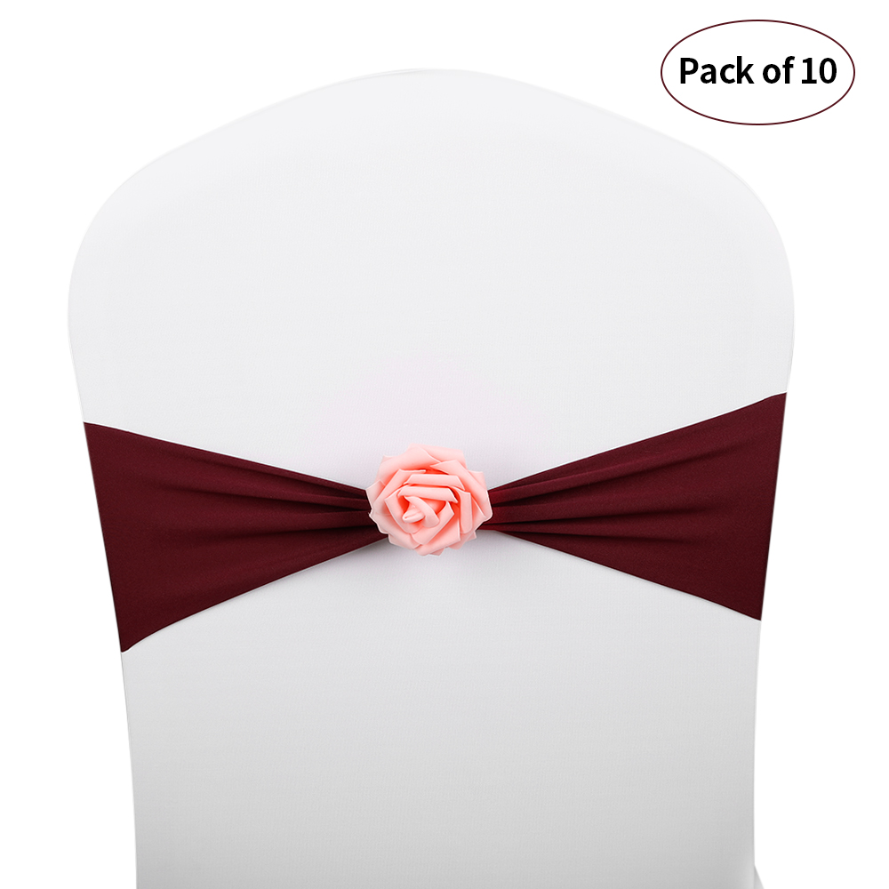 10pcs Wedding Chair Sashes Bows Elastic Spandex Chair Sash Covers with Pink Flower Wedding Banquet Supplies Decorations--Wine Red