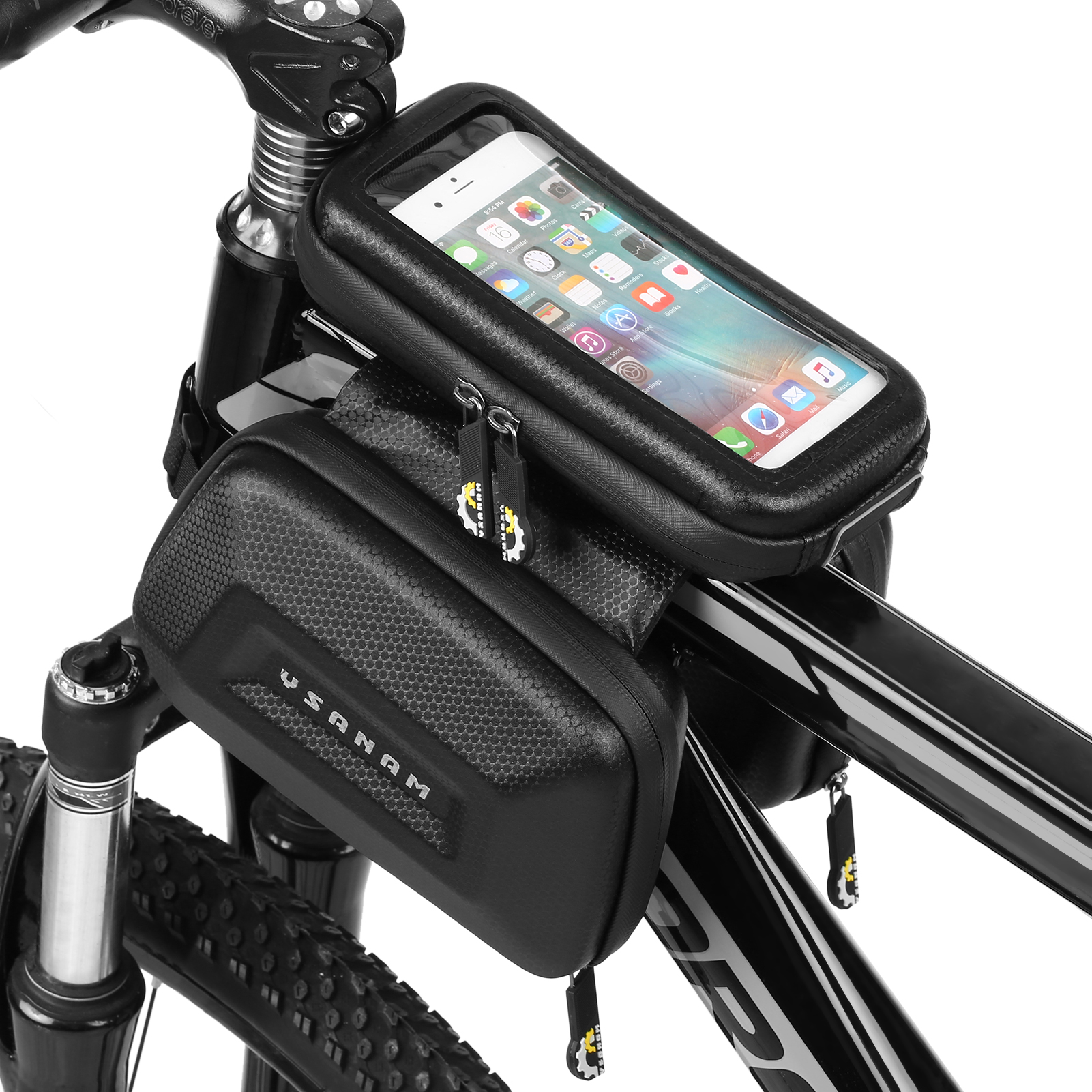 Touch Screen Bike Handlebar Bag Waterproof Front Frame Top Tube Bicycle Pouch Double Pannier Pack Large Capacity Cycling Front Storage Bag for Road Bike MTB Mountain Bike