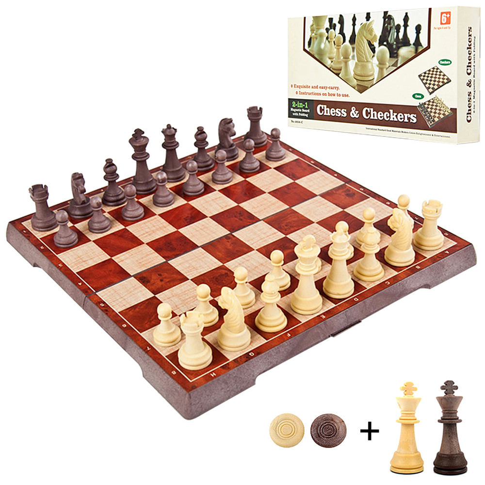 2-in-1 Magnetic Chess Set Folding Chess and Checkers Set Portable Chessboard Travel Games Draughts Set Entertainment Educational Toys