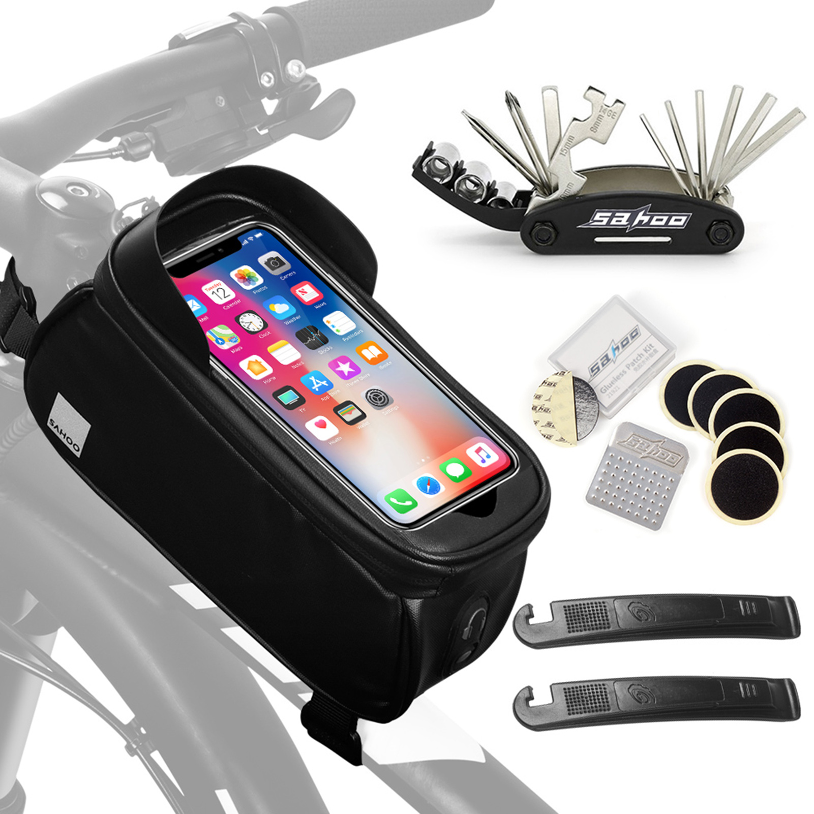 Portable Touch Screen Bike Repair Bag Waterproof Phone Bag with Touch Screen Sun Visor Phone Holder Cycling Tube Front Frame Bag with Maintenance Tool Bicycle Bag Cellphone Pouch