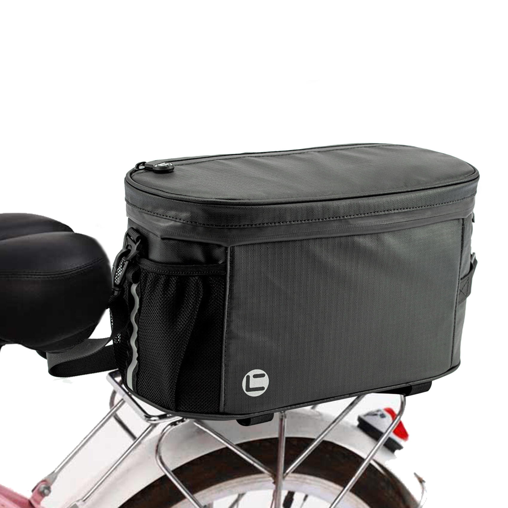 Insulated Bike Rear Bag Water Resistant Bicycle Rear Storage Bag Carry Bag with Cold Warm Insulation Function Side Mesh Pocket Reflective Straps with 10L Capacity for Outdoor Road MTB