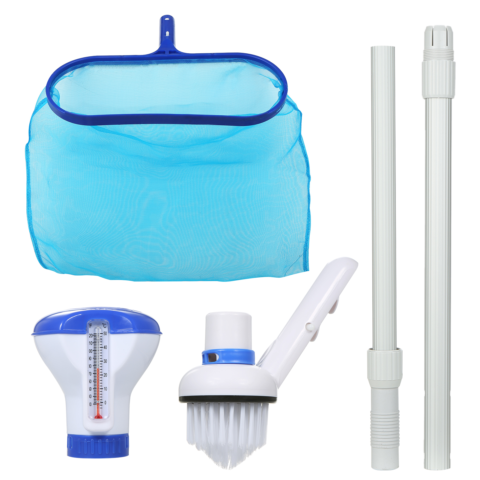 Heavy Duty Pool Cleaning Kit Accessory Maintenance Set with L-eaf Skimmer Rake Net/ Stretchable Telescopic Rod/ Scrubbing Brush/  F-loating Chemical Dispenser for Spa/ Hot Tub/ Pond/ Swimming Pool