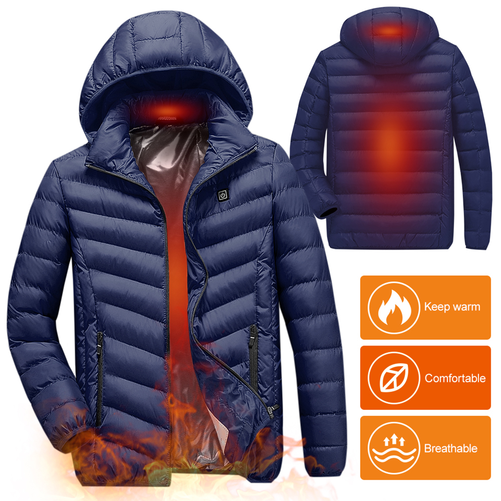 Electric Heating Cotton Coat Men Women USB Charging Heated Jacket with Removable Hood for Walking Camping Ice Fishing Snowboarding Skiing